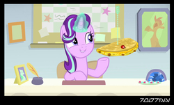 Size: 640x386 | Tagged: safe, edit, edited screencap, editor:teren rogriss, screencap, starlight glimmer, ladybug, pony, unicorn, g4, starlight the hypnotist, spoiler:interseason shorts, cute, female, food, glowing horn, grin, hair flip, hair over one eye, hooves, horn, levitation, magic, mare, pure unfiltered evil, quesadilla, school of friendship, sitting, smiling, solo, starlight's office, telekinesis, this will not end well