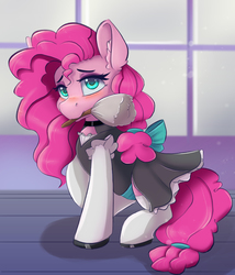 Size: 2400x2800 | Tagged: safe, alternate version, artist:ardail, pinkie pie, earth pony, pony, g4, bowtie, clothes, commission, cute, dress, duster, ear fluff, female, high res, looking at you, maid, maid headdress, mare, mouth hold, solo, wrong eye color