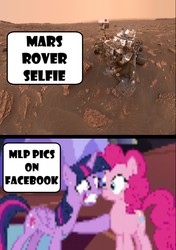 Size: 1601x2268 | Tagged: safe, pinkie pie, twilight sparkle, alicorn, pony, unicorn, g4, drone, facebook, funny, mars, mars rover, meme, needs more jpeg, pixelated, selfie, speech bubble, text, twilight sparkle (alicorn), twilighting