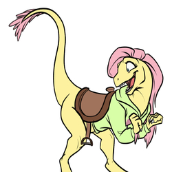 Size: 2000x2000 | Tagged: safe, artist:black-kitten, fluttershy, oc, oc:raptorshy, dinosaur, velociraptor, g4, claws, clothes, cute, dinosaurified, female, happy, high res, hoodie, looking back, open mouth, pink hair, saddle, simple background, smiling, solo, species swap, sweater, tack, veloshyraptor, white background