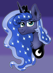 Size: 600x828 | Tagged: safe, artist:pink-pone, princess luna, alicorn, pony, g4, bust, crown, ethereal mane, female, gradient background, jewelry, mare, regalia, smiling, solo, starry mane