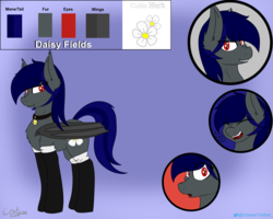 Size: 2500x2000 | Tagged: safe, artist:eclipsepenumbra, artist:eclipsethebat, oc, oc only, oc:daisy fields, bat pony, clothes, collar, commission, cutie mark, high res, laughing, reference sheet, smiling, socks, surprised