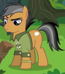 Size: 372x426 | Tagged: safe, screencap, quibble pants, earth pony, pony, g4, season 6, stranger than fan fiction, clothes, cropped, cutie mark, frown, looking down, male, raised eyebrow, solo, stallion, unamused