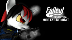 Size: 3840x2160 | Tagged: safe, artist:awgear, oc, oc:blackjack, pony, unicorn, fallout equestria, fallout equestria: project horizons, 3d, angry, black background, clothes, crossover, fallout, fallout equestria: mortal kombat, fanfic art, fighting game, gun, high res, magic, mortal kombat, mortal kombat x, red and black mane, red eyes, security, simple background, source filmmaker, this will end in death, this will end in pain, this will end in tears, this will end in tears and/or death, weapon, white coat, yellow eyes