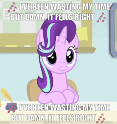 Size: 449x477 | Tagged: safe, edit, edited screencap, screencap, starlight glimmer, pony, unicorn, g4, starlight the hypnotist, spoiler:interseason shorts, alesso, animated, caption, cute, female, gif, glimmerbetes, hair flip, hair over one eye, i have done nothing productive all day, image macro, mare, meme, nodding, solo, song reference, text, time