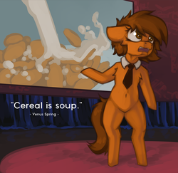 Size: 1530x1490 | Tagged: safe, artist:marsminer, oc, oc only, oc:venus spring, pony, unicorn, bipedal, cereal, food, necktie, open mouth, quote, solo, ted talk, truth