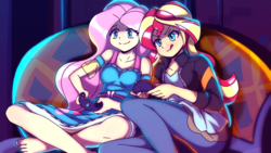 Size: 2880x1620 | Tagged: safe, artist:rockset, fluttershy, sunset shimmer, equestria girls, g4, game stream, my little pony equestria girls: better together, barefoot, clothes, controller, couch, feet, female, fluttershy boho dress, gamer sunset, gamershy, jacket, sitting, tongue out