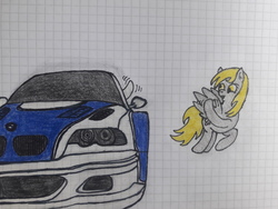 Size: 4128x3096 | Tagged: safe, artist:juani236, derpy hooves, pegasus, pony, g4, bmw, bmw m3, bmw m3 gtr, car, duo, flying, graph paper, high res, need for speed, traditional art, waving