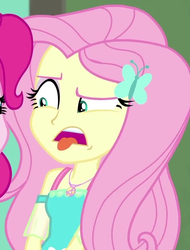 Size: 534x703 | Tagged: safe, screencap, fluttershy, pinkie pie, equestria girls, equestria girls series, forgotten friendship, g4, bleh, cropped, disgusted, esophagus, female, female focus, geode of fauna, magical geodes, mawshot, offscreen character, open mouth, shrunken pupils, solo focus, tongue out