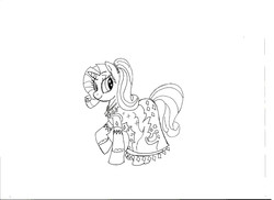 Size: 2338x1700 | Tagged: safe, artist:beatlesguy, rarity, pony, unicorn, g4, alternate hairstyle, clothes, dress, ear piercing, earring, female, jewelry, mare, monochrome, piercing, ponytail, simple background, white background