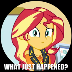 Size: 521x521 | Tagged: safe, screencap, sunset shimmer, equestria girls, g4, my little pony equestria girls: better together, schedule swap, caption, computer, cropped, ending, female, geode of empathy, looking at you, magical geodes, raised eyebrow, solo, text, what just happened