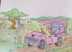 Size: 2122x1534 | Tagged: safe, artist:foxspotted, creamsicle (g1), ember (g1), ringlet, earth pony, giraffe, pegasus, pony, g1, autobot, bow, camera, car, eating, ember (blue), ember (lavender), ember (pink), jeep, mountain, mountain range, rainbow curl pony, scenery, tail bow, traditional art, transformers, tree, vehicle