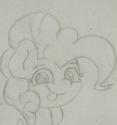 Size: 648x693 | Tagged: safe, artist:ljdamz1119, pinkie pie, earth pony, pony, g4, female, looking at you, mare, monochrome, pencil drawing, sketch, smiling, solo, tongue out, traditional art