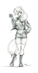 Size: 700x1326 | Tagged: safe, artist:baron engel, applejack, earth pony, anthro, unguligrade anthro, g4, anime, belly button, breasts, clothes, crossover, female, freckles, girls und panzer, grayscale, kay, midriff, monochrome, open mouth, pencil drawing, saunders, shorts, simple background, solo, traditional art, white background