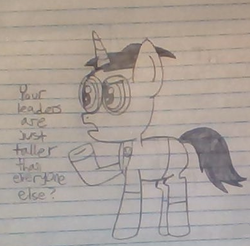 Size: 390x383 | Tagged: safe, artist:nightshadowmlp, pony, unicorn, clothes, colt, confused, dib membrane, glasses, implied tallest purple, implied tallest red, invader zim, lined paper, male, ponified, raised hoof, solo, text, traditional art