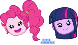 Size: 1378x806 | Tagged: safe, artist:anime-equestria, pinkie pie, twilight sparkle, equestria girls, equestria girls series, g4, game stream, spoiler:eqg series (season 2), cute, diapinkes, duo, emoji, female, happy, head only, open mouth, ponytail, simple background, smiling, transparent background, twiabetes, vector