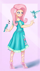 Size: 1837x3265 | Tagged: safe, artist:nin10ja, fluttershy, bird, human, equestria girls, g4, my little pony equestria girls: better together, blushing, clothes, cute, dress, female, fluttershy boho dress, heart eyes, human coloration, humanized, legs, music notes, sandals, shyabetes, singing, skirt, sleeveless, sleeveless dress, smiling, toes, wingding eyes