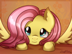 Size: 2764x2078 | Tagged: safe, artist:forythien, fluttershy, pegasus, pony, g4, bust, cute, ear fluff, female, high res, looking at you, looking up, mare, portrait, shyabetes, smiling, solo, spread wings, wings, ych result