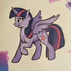 Size: 1886x1886 | Tagged: safe, artist:honeybeepony, twilight sparkle, alicorn, pony, g4, female, mare, raised hoof, spread wings, traditional art, twilight sparkle (alicorn), wings