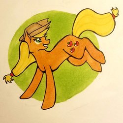 Size: 1986x1986 | Tagged: safe, artist:honeybeepony, applejack, earth pony, pony, g4, applejack's hat, cowboy hat, female, hat, mare, raised leg, smiling, solo, traditional art