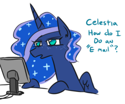 Size: 582x484 | Tagged: safe, artist:jargon scott, princess luna, alicorn, pony, g4, computer, constellation, constellation freckles, dialogue, email, female, freckles, mare, on the moon for too long, screen, simple background, solo, struggle with technology, white background