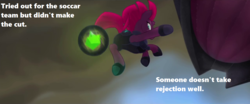 Size: 1280x535 | Tagged: safe, edit, edited screencap, screencap, tempest shadow, g4, my little pony: the movie, airborne, darkness, energy ball, energy weapon, football, implied rejection, kick, obsidian orb, sports, text, weapon