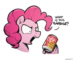 Size: 2106x1738 | Tagged: safe, artist:selenophile, pinkie pie, earth pony, pony, g4, angry, coke, dialogue, female, hoof hold, mare, offended, pinkie pie is not amused, signature, simple background, soda, soda can, solo, sugar free, truth, unamused, when she doesn't smile, white background