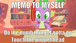 Size: 1200x675 | Tagged: safe, edit, edited screencap, editor:scrounge, screencap, spike, dragon, g4, owl's well that ends well, caption, golden oaks library, image macro, inkwell, male, put your hand inside the puppet head, quill, solo, song reference, text, they might be giants