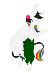 Size: 1600x2071 | Tagged: safe, artist:firepetalfox, oc, oc:lightning bliss, alicorn, semi-anthro, alicorn oc, arm hooves, clothes, grass skirt, hula, hula dance, rainbow, rainbow hair, simple background, skirt, standing, transparent background