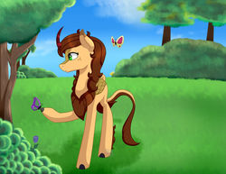 Size: 1600x1237 | Tagged: safe, artist:firepetalfox, oc, oc only, oc:cellistalunarda, butterfly, kirin, forest, solo, tree