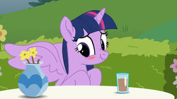 Size: 1680x944 | Tagged: safe, artist:tiarawhy, twilight sparkle, alicorn, pony, g4, blushing, chocolate, chocolate milk, cup, cute, embarrassed, explicit source, female, flower, mare, milk, pony waifu sim, scrunchy face, show accurate, solo, spread wings, table, twiabetes, twilight sparkle (alicorn), vase, wings