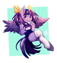 Size: 1800x2000 | Tagged: safe, artist:sharkehchas, twilight sparkle, alicorn, anthro, unguligrade anthro, g4, abstract background, alternate hairstyle, bow, clothes, cute, female, hair bow, mare, one-piece swimsuit, peace sign, pigtails, socks, solo, swimsuit, thigh highs, twiabetes, twilight sparkle (alicorn)