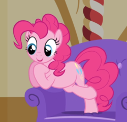 Size: 606x583 | Tagged: safe, screencap, pinkie pie, earth pony, pony, g4, just for sidekicks, chair, cropped, crossed hooves, cute, diapinkes, female, hoof on chin, looking down, mare, open mouth, smiling, solo, standing, standing on one leg