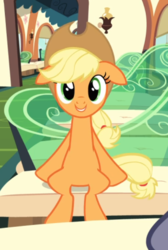 Size: 475x706 | Tagged: safe, screencap, applejack, earth pony, pony, g4, just for sidekicks, applejack's hat, cowboy hat, cropped, cute, female, floppy ears, hat, jackabetes, looking at you, mare, sitting, smiling