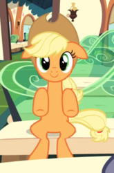 Size: 444x671 | Tagged: safe, screencap, applejack, earth pony, pony, g4, just for sidekicks, cropped, cute, female, floppy ears, jackabetes, looking at you, mare, sitting, smiling