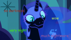 Size: 800x450 | Tagged: safe, edit, edited screencap, screencap, nightmare moon, alicorn, pony, g4, the cutie re-mark, 1000 hours in ms paint, doge, female, helmet, looking down, mare, meme, notsobot, smiling, solo, text, wow