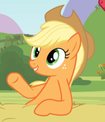 Size: 619x721 | Tagged: safe, screencap, applejack, earth pony, pony, apple family reunion, g4, cropped, female, freckles, leaning, mare, raised hoof, smiling