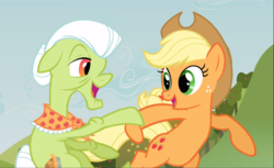 Size: 1538x940 | Tagged: safe, screencap, applejack, granny smith, earth pony, pony, apple family reunion, g4, bipedal, cropped, dancing, elderly, female, freckles, grandmother and granddaughter, mare, raised hoof, smiling, twirl