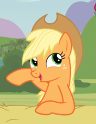 Size: 448x575 | Tagged: safe, screencap, applejack, earth pony, pony, apple family reunion, g4, applejack's hat, cowboy hat, cropped, cute, female, freckles, hat, jackabetes, leaning, mare, open mouth, raised hoof, smiling, stetson