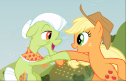 Size: 1468x940 | Tagged: safe, screencap, applejack, granny smith, earth pony, pony, apple family reunion, g4, bipedal, cropped, dancing, elderly, female, freckles, grandmother and granddaughter, looking at each other, mare, open mouth, raise this barn, smiling, twirl