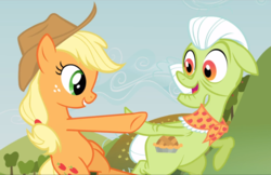 Size: 1452x939 | Tagged: safe, screencap, applejack, granny smith, earth pony, pony, apple family reunion, g4, season 3, bipedal, cropped, cutie mark, dancing, elderly, featureless crotch, female, freckles, grandmother and grandchild, grandmother and granddaughter, mare, open mouth, raise this barn, smiling, standing on two hooves, twirl