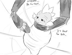 Size: 872x663 | Tagged: safe, artist:foxard1, artist:jockbock, spike, dragon, spider, g4, black and white, bondage, cocoon, dialogue, grayscale, lineart, monochrome, peril, spider web