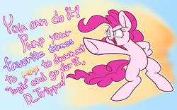 Size: 1280x800 | Tagged: safe, artist:heir-of-rick, pinkie pie, earth pony, pony, g4, abstract background, adorable face, bipedal, caption, cute, diapinkes, female, gradient background, mare, motivational, open mouth, pinkie being pinkie, pointing, ponk, raised eyebrow, smiling, smirk, solo, speech, text, underhoof