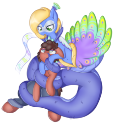 Size: 3165x3404 | Tagged: safe, artist:cha-squared, oc, oc:precious feather, oc:sketchy dupe, bird, lamia, original species, peacock, pony, clothes, coiling, coils, commission, duo, green eyes, high res, hypnosis, hypnotized, lamiafied, pants, simple background, singing, species swap, tongue out, transparent background