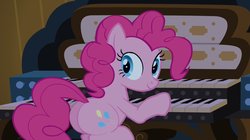 Size: 1200x673 | Tagged: safe, edit, edited screencap, screencap, pinkie pie, earth pony, pony, castle mane-ia, g4, balloonbutt, butt, female, looking at you, mare, musical instrument, organ, organ to the outside, plot, solo, the ass was fat, thick