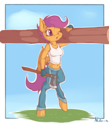 Size: 1200x1363 | Tagged: safe, artist:neko-me, scootaloo, pegasus, anthro, unguligrade anthro, apple bloomers, g4, axe, belly button, breasts, busty scootaloo, clothes, female, fingerless gloves, gloves, jeans, log, midriff, older, one eye closed, pants, shirt, solo, sweat, tank top, weapon