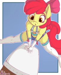 Size: 977x1200 | Tagged: safe, artist:neko-me, apple bloom, earth pony, anthro, unguligrade anthro, apple bloomers, g4, action pose, bandeau, belly button, bow, breasts, busty apple bloom, clothes, female, gloves, hair bow, long gloves, midriff, older, shorts, socks, solo, stockings, thigh highs