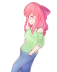 Size: 2000x2500 | Tagged: safe, artist:rmariansj, apple bloom, equestria girls, g4, clothes, female, hand in pocket, high res, long hair, older, older apple bloom, pants, redraw, simple background, smiling, solo, teenager, traditional art, transparent background