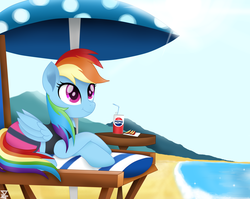 Size: 6900x5500 | Tagged: safe, artist:theretroart88, rainbow dash, pegasus, pony, equestria girls, equestria girls series, g4, my little pony: the movie, absurd resolution, beach, clothes, equestria girls outfit, equestria girls ponified, female, food, human pony dash, movie accurate, pepsi, ponified, soda, solo, swimsuit, umbrella, vacation