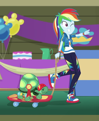 Size: 808x991 | Tagged: safe, screencap, rainbow dash, tank, tortoise, best in show: the victory lap, equestria girls, g4, my little pony equestria girls: better together, converse, cropped, cute, dashabetes, geode of super speed, helmet, magical geodes, one eye closed, pointing, ribbon, shoes, skateboard, sneakers, wink